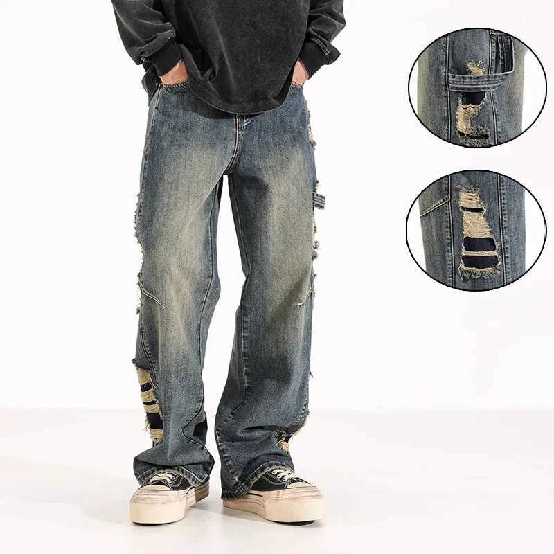 Korean Retro Distressed Casual Loose Wide Leg Jeans For Men'S Summer Ripped Denim Straight Leg Pants XXL Oversized Pants S260921PRRO