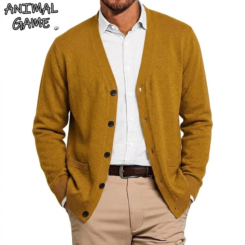 Autumn Mens V Neck Cardigan Sweater Button Down Knitwear Long Sleeve Knitted Sweatshirts with Pockets Casual Coat Jacket Men 260920