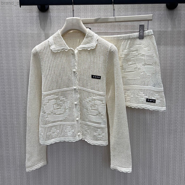 Designer Floral Knit Cardigan Women Hollow Out Embroidery White Knit Sweater Fall Winter Lapel Neck Dinner Party Vacation Knitwear