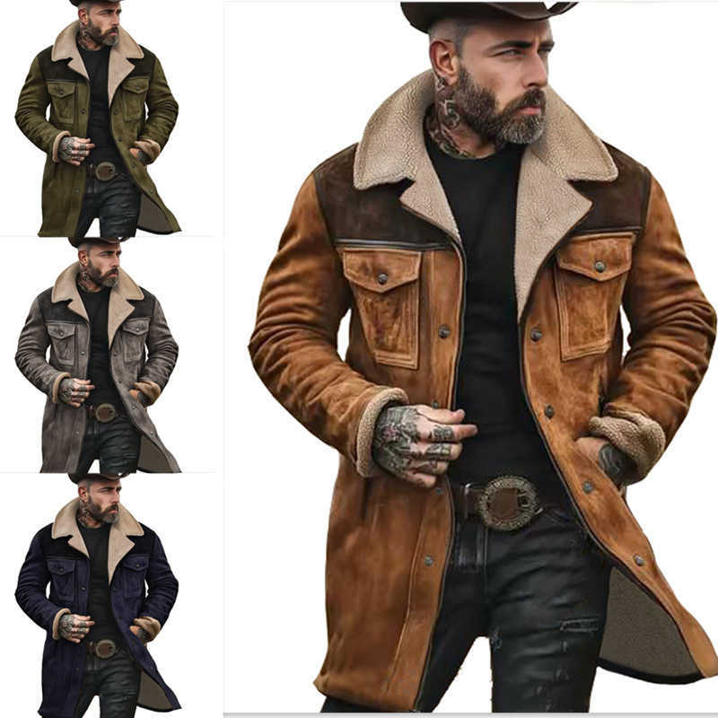 Men Blends Men's Winter Wool Fleece Lined Long Trench Coat Vintage Suede Patchwork Lapel Warm Thick Jacket Male Casual Mid Length Windbreaker D
