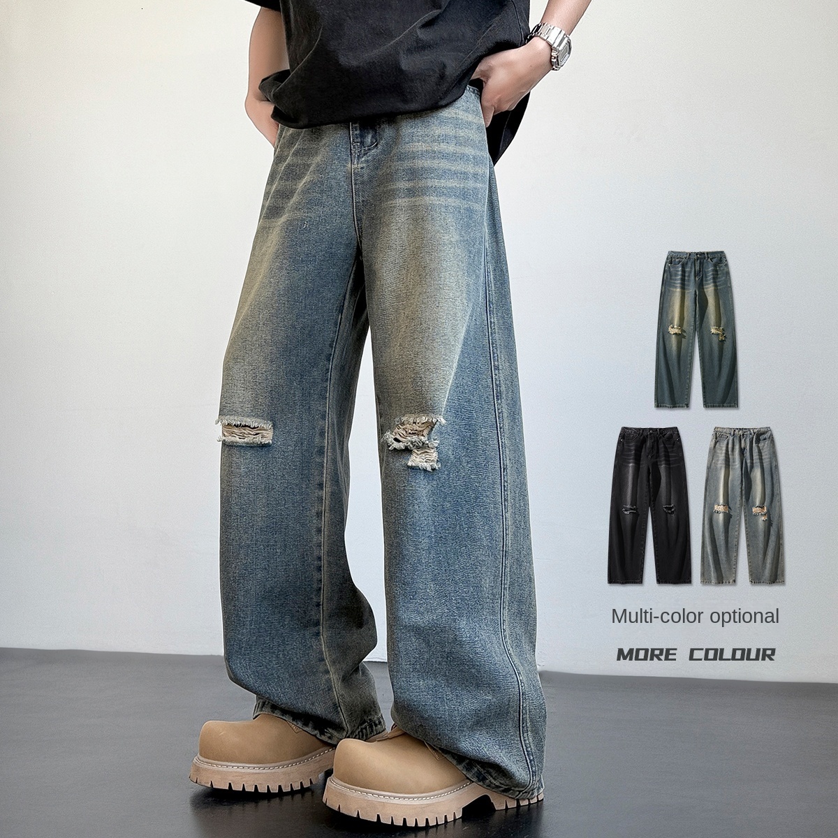 Men's American Style Loose Straight Jeans Vintage Spring Summer New Arrival Drapey Trendy Wide Leg Long Pants 26L0921
