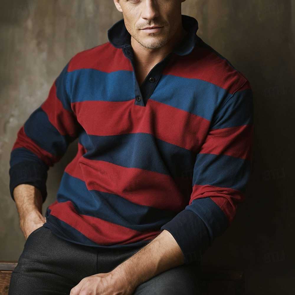 New Men's Casual hot Shirts selling outdoor street men's long sleeved polo shirt striped printed personalized men's top multiple colo