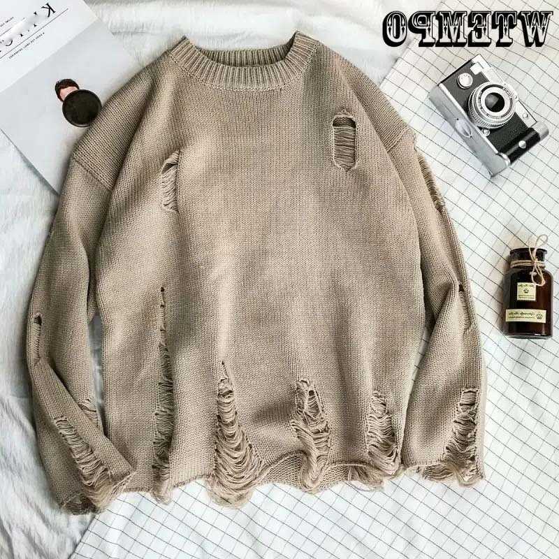 Loose Ripped Sweater Knitted Pullover Cutout Beggar Crew Neck Long Slves Trend Korean Style Can Be Worn By Men and Women Punk S260921KSXE