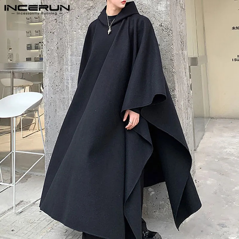INCERUN Fashion Men Cloak Coats Solid Color Loose Hooded Streetwear Men Long Style Trench Windproof Winter Cape Jackets Men 260920