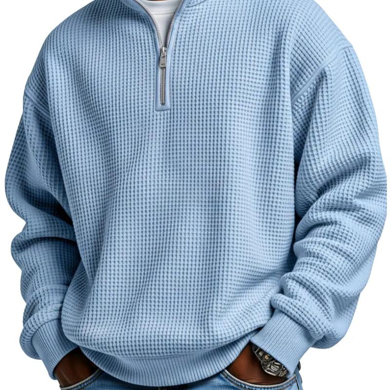 Designer Style Nouvelle Arrivée Haute Qualité Hommes Gaufre Tricot Quart Zip Pull Sweat Couleur Unie Coupe Ample À Manches Longues Col Montant Ca