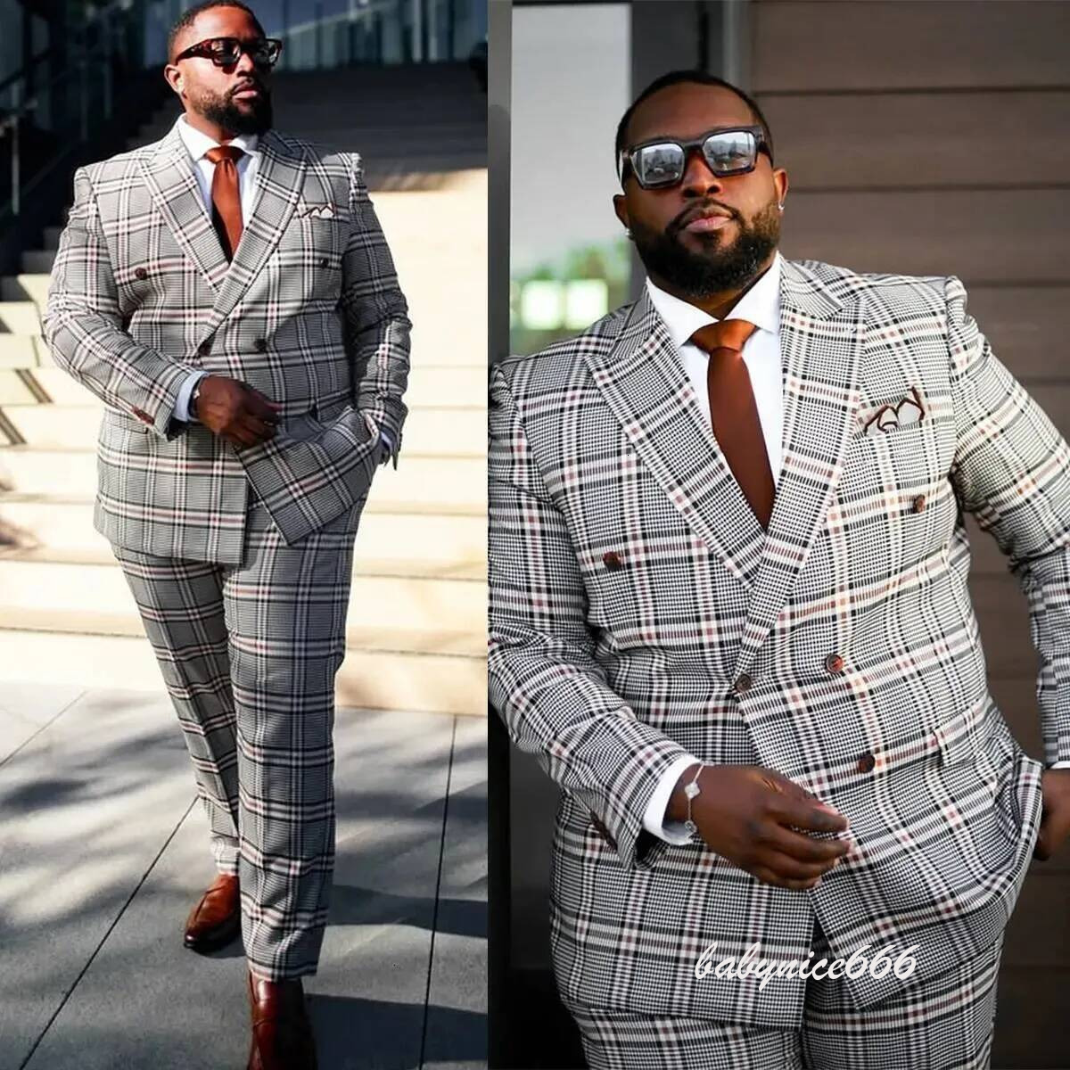 Vintage Men Suits Peaked Lapel Plaid Tailor Made 2 Pieces Set Jacket Check Double Breasted Blazer Groom Customized Coat+Pants Plus Size Bd921