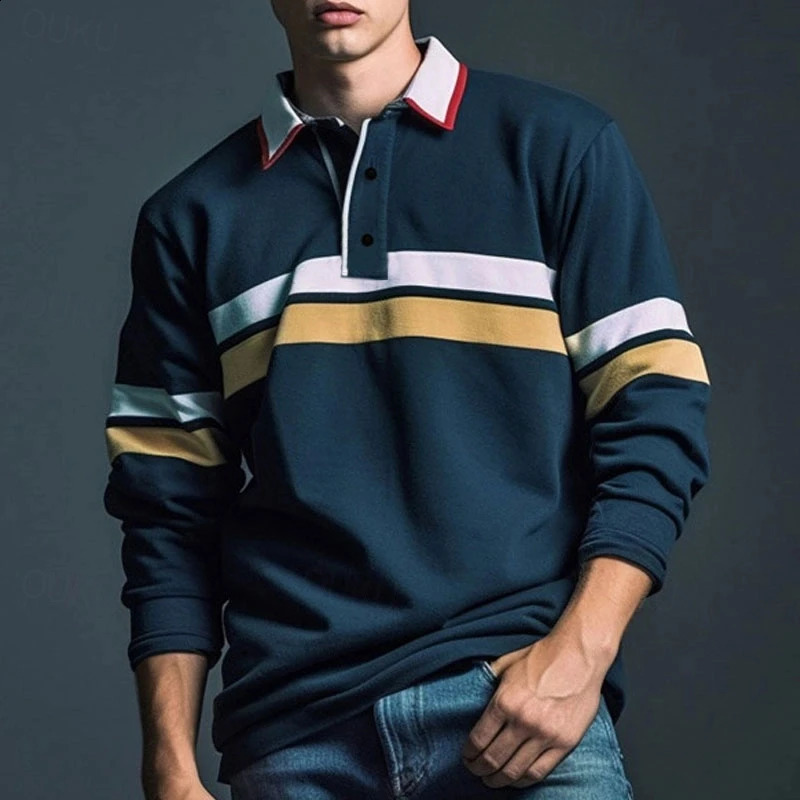 Casual Striped Graphic Polo Shirts For Men Simple Autumn Business 3D Printed Long Sleeve Golf Polo Loose Breathable Lapel Tees 260920
