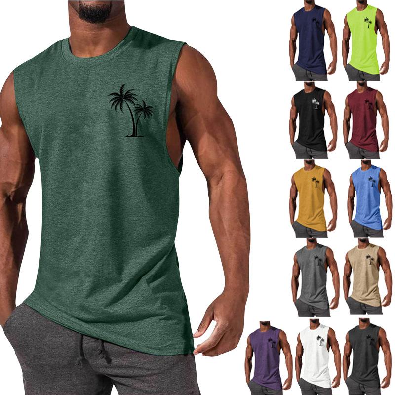 Designer Style High Quality Men's Sleeveless Tank Top Coconut Tree Print Muscle Shirt Sports Casual Breathable Cotton Blend Loose Fit Summer Gy
