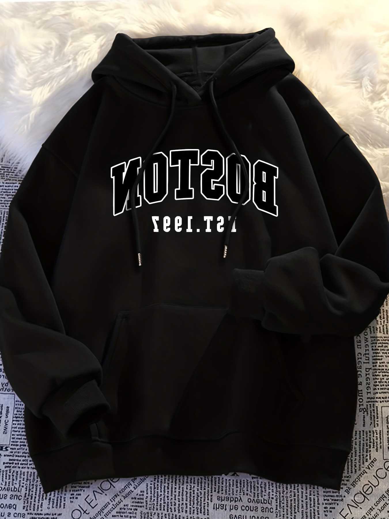 Boston Men's Hoodies Sweatshirts Sleek letter print men's hoodie regular fit casual long-sleeve pullover hoodies men clothing sweatshirt p