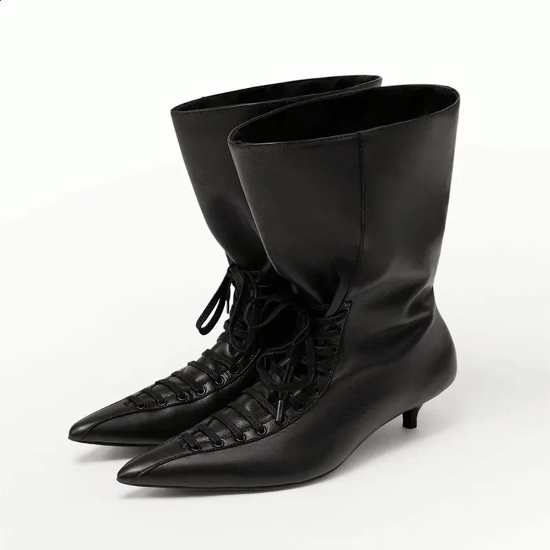 Otoño/Invierno, botines con cordones para mujer, punta estrecha, tacón de gatito, botas anchas para pantorrilla, zapatos de mujer 260918