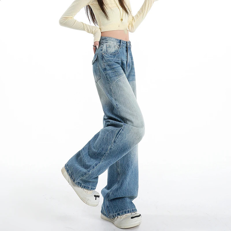 Vintage Washed Wide Leg Jeans Women High Waisted Baggy Denim Pants Retro American Streetwear Y2K Casual Trousers Fashion Pockets 260918