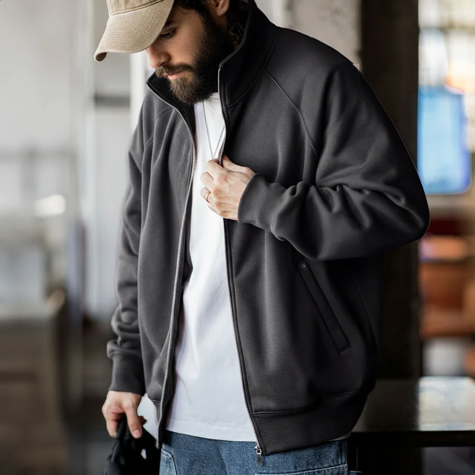 Maden Casual Polar Fleece Cardigan Sweatshirt Standup Collar Sports Zipper Jacket Warm Versatile Coat for Mens Fall and Winter 260918