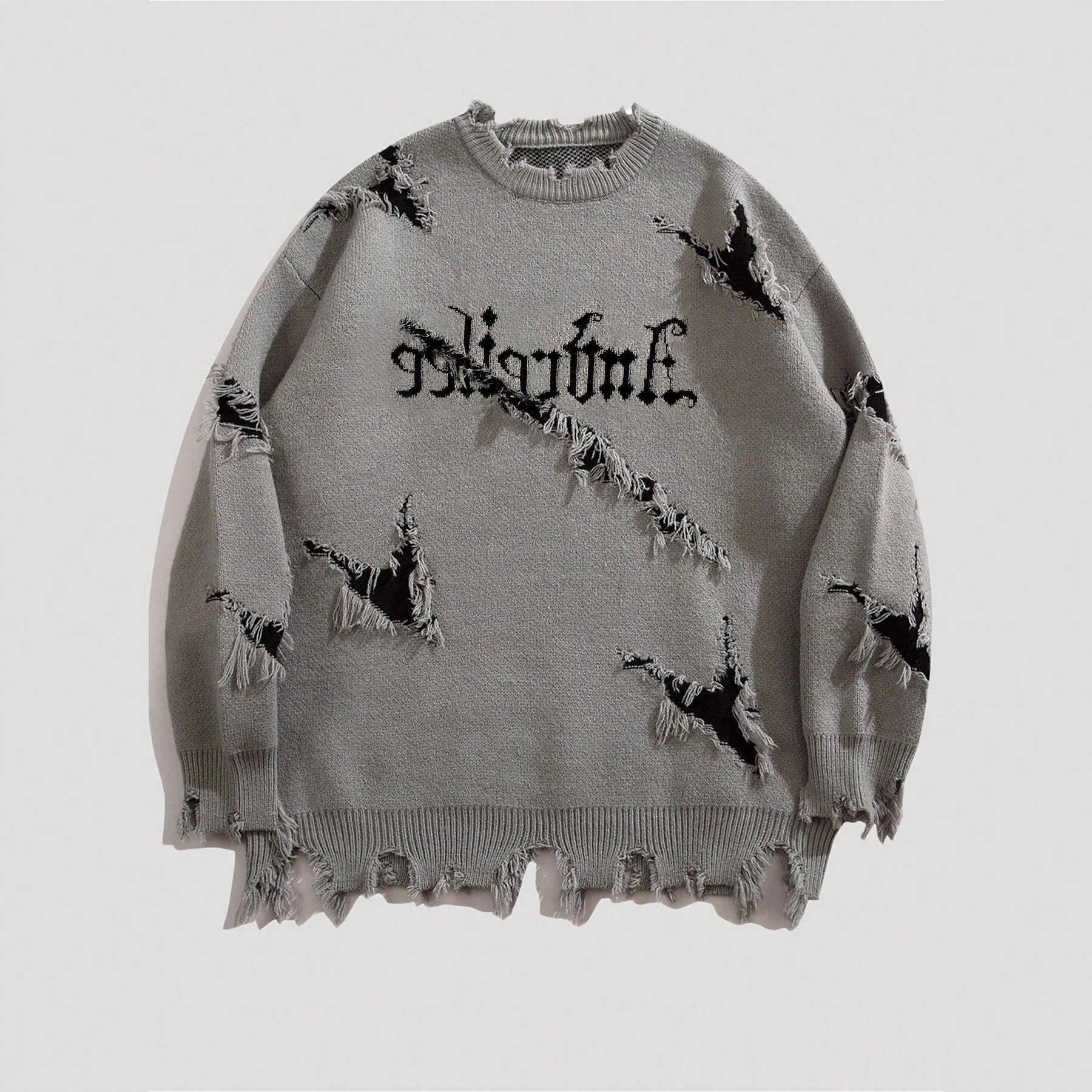 New 2025 Men's Distressed Sweater Hip Hop Pullover Casual Knitwear Top Strtwear Fashion for Autumn Winter Hallown Come S26092177EZ