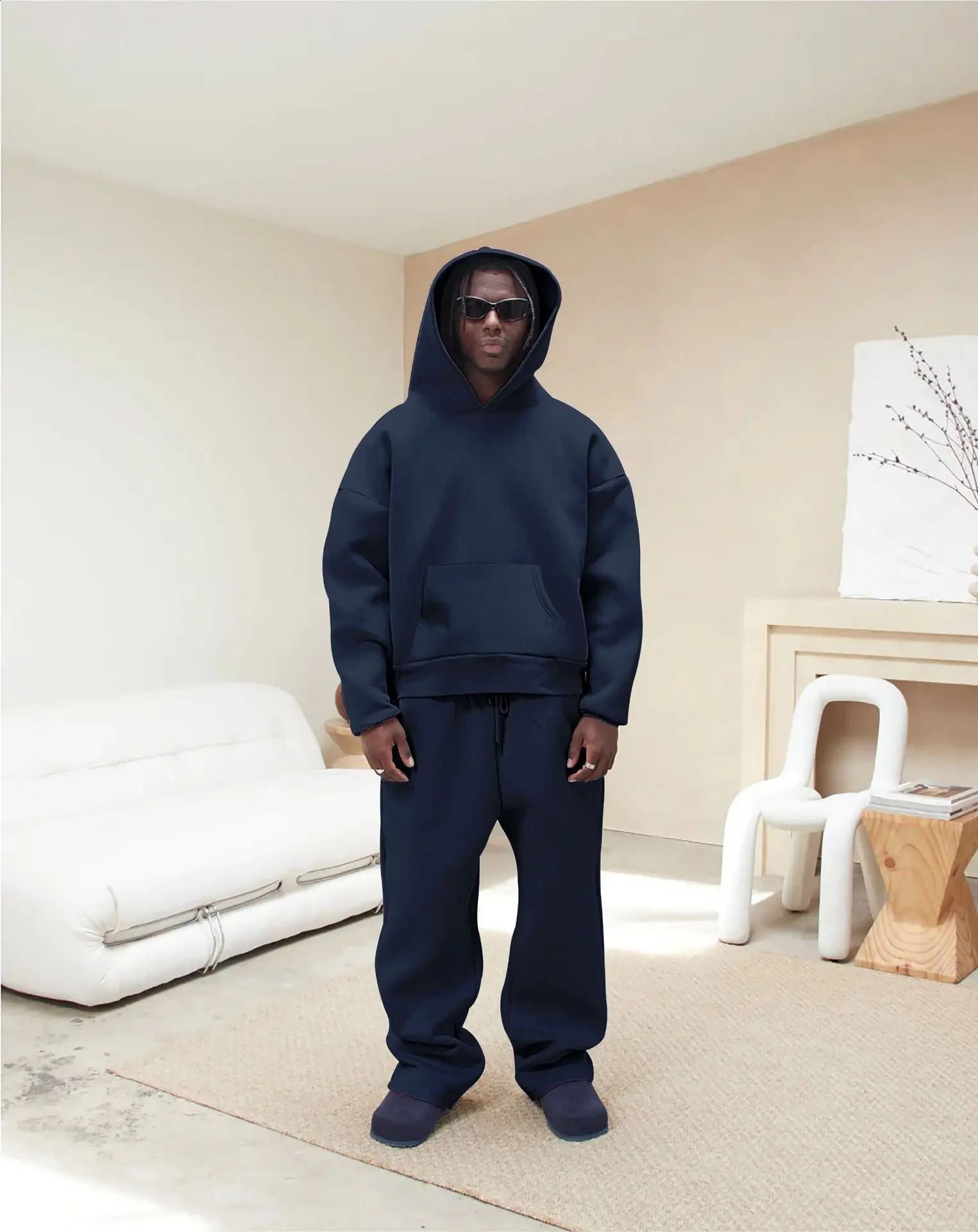 European and American Style Solid Color Trendy Sports Casual Couple Hooded Sweatshirt Wide-Leg Pants Two-Piece Set for Men 260920