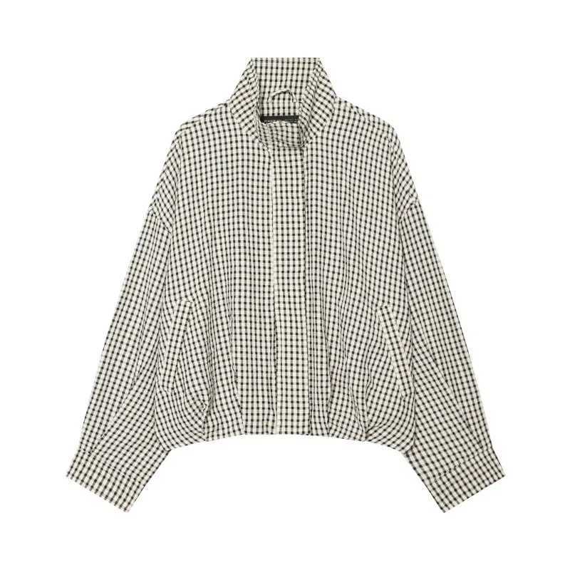 Women's SMVP 2026 Women's Jackets French Retro Plaid Stand Up Collar Long Sleeved Casual Street Short Top Loose Minimalist Jacket Pilot Ja