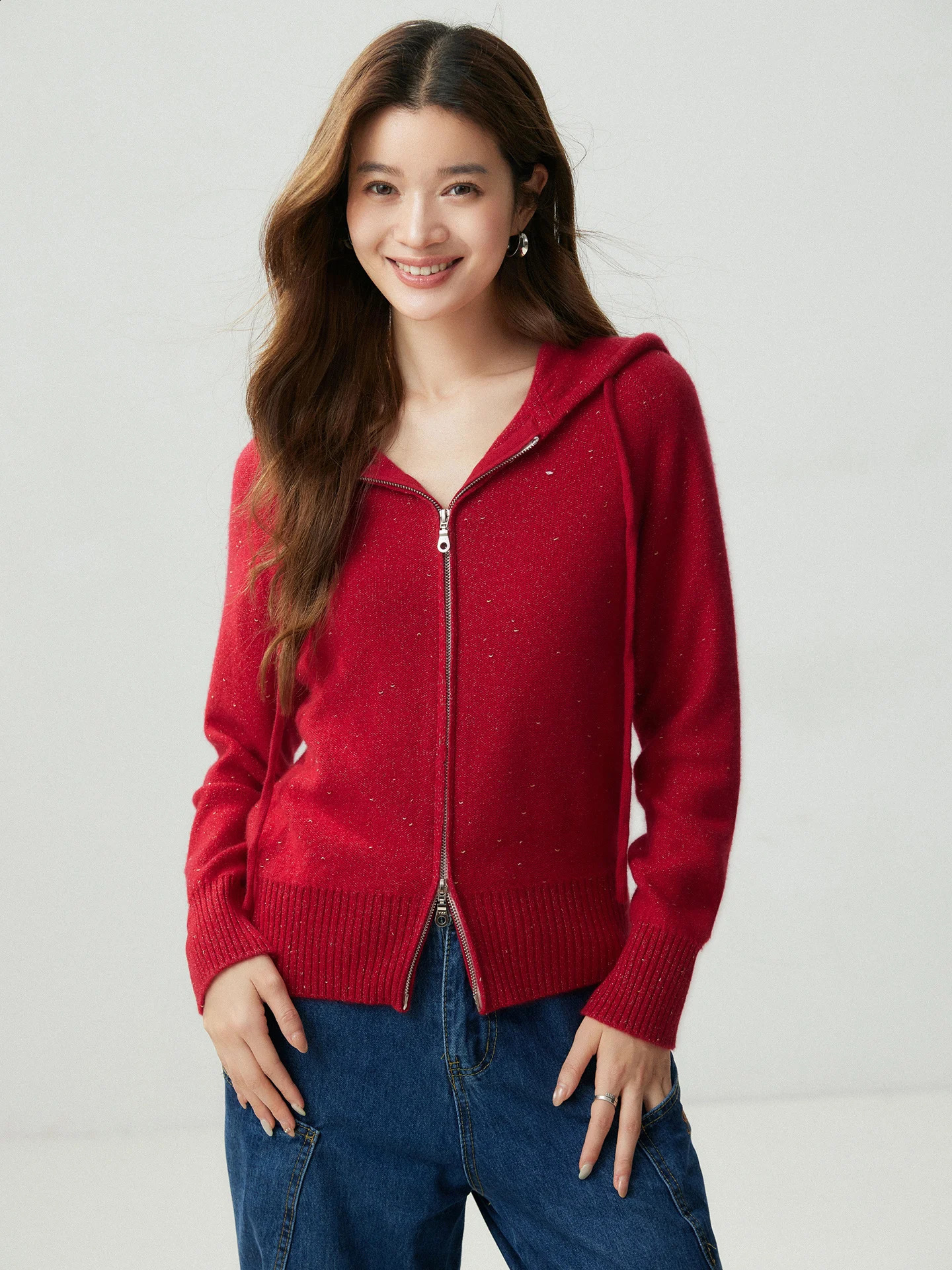 Hooded Sequin Knit Autumn Winter Woman 100 Cashmere MockNeck Cardigan Knitwear Double Zip Up Long Sleeve Ribbed Hem Loose Tops 260915