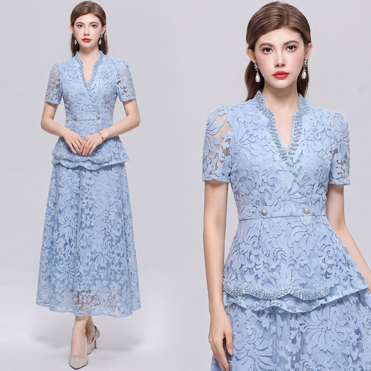Summer New Women's Elegant Lace V-neck Short Sleeve Two-piece Slim Waist Long Dress