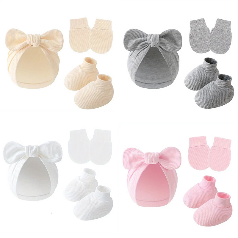3Pcsset Baby Bow Hat Gloves Socks Cotton born Beanie Solid Color Bonnet for Girls Boys Infant Shower Gifts 0-6M 260920