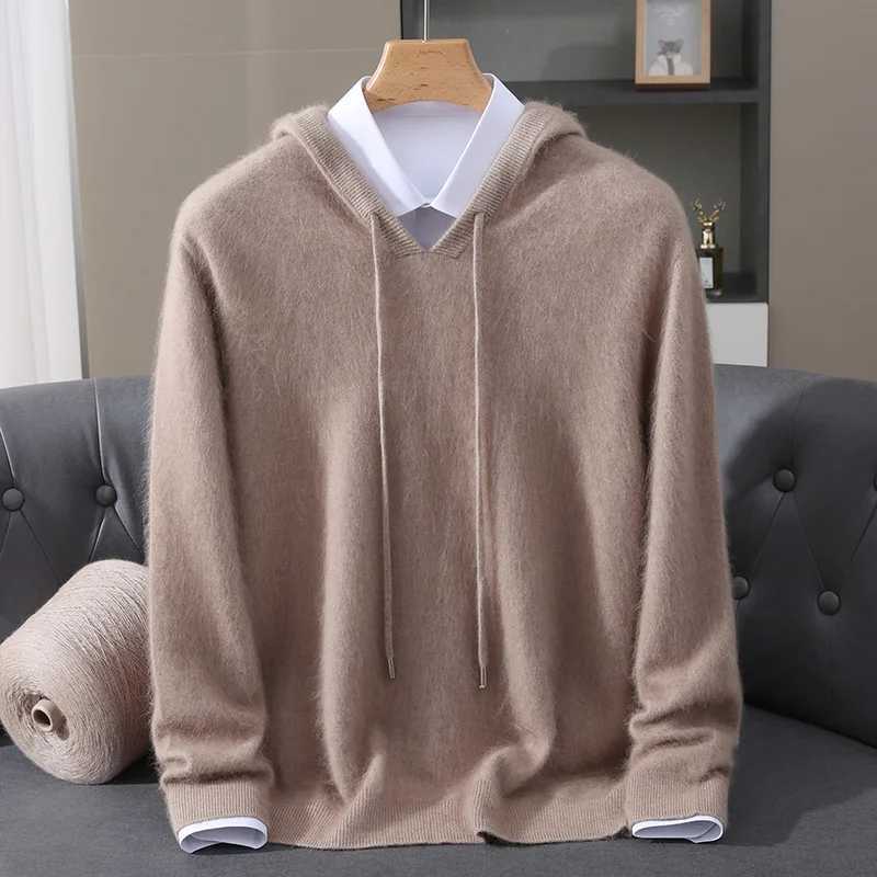 Autumn And Winter New 100% Pure Mink Wool Men Hooded Sweater Solid Color Knitted Sweater Loose Bottoming Leisure Q260921