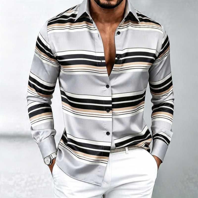 Casual Shirts Men's striped Men's printed long sleeved shirt contrasting horizontal striped lapel shirt business casual trendy men's