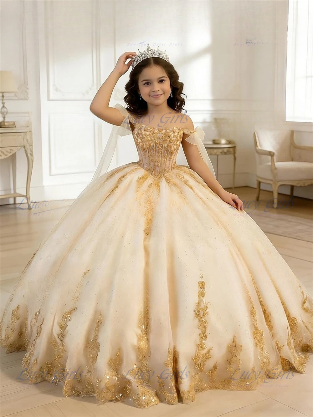 Princess Champagne Sequins Appliques Flower Girl Dress Gold Lace Off Shoulder With Bow Back Girls Pageant Dress Toddler First Communion Dresses 917