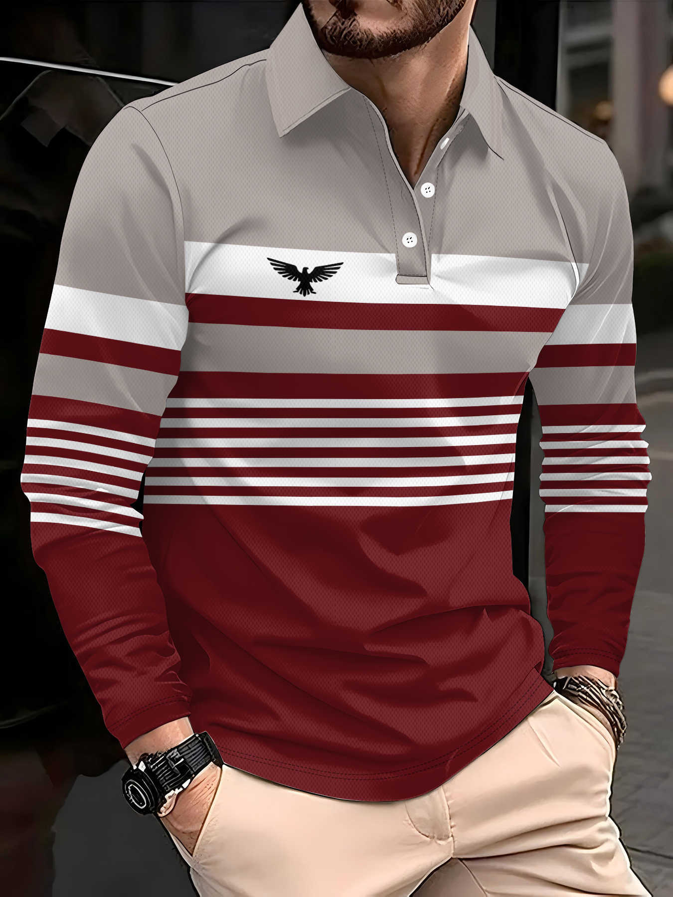Men's Men's Fashionable Casual Shirts Polo Shirt - Classic Striped Print Long-Sleeved Top - Daily Casual Wear - Outdoor Men's Sportsw