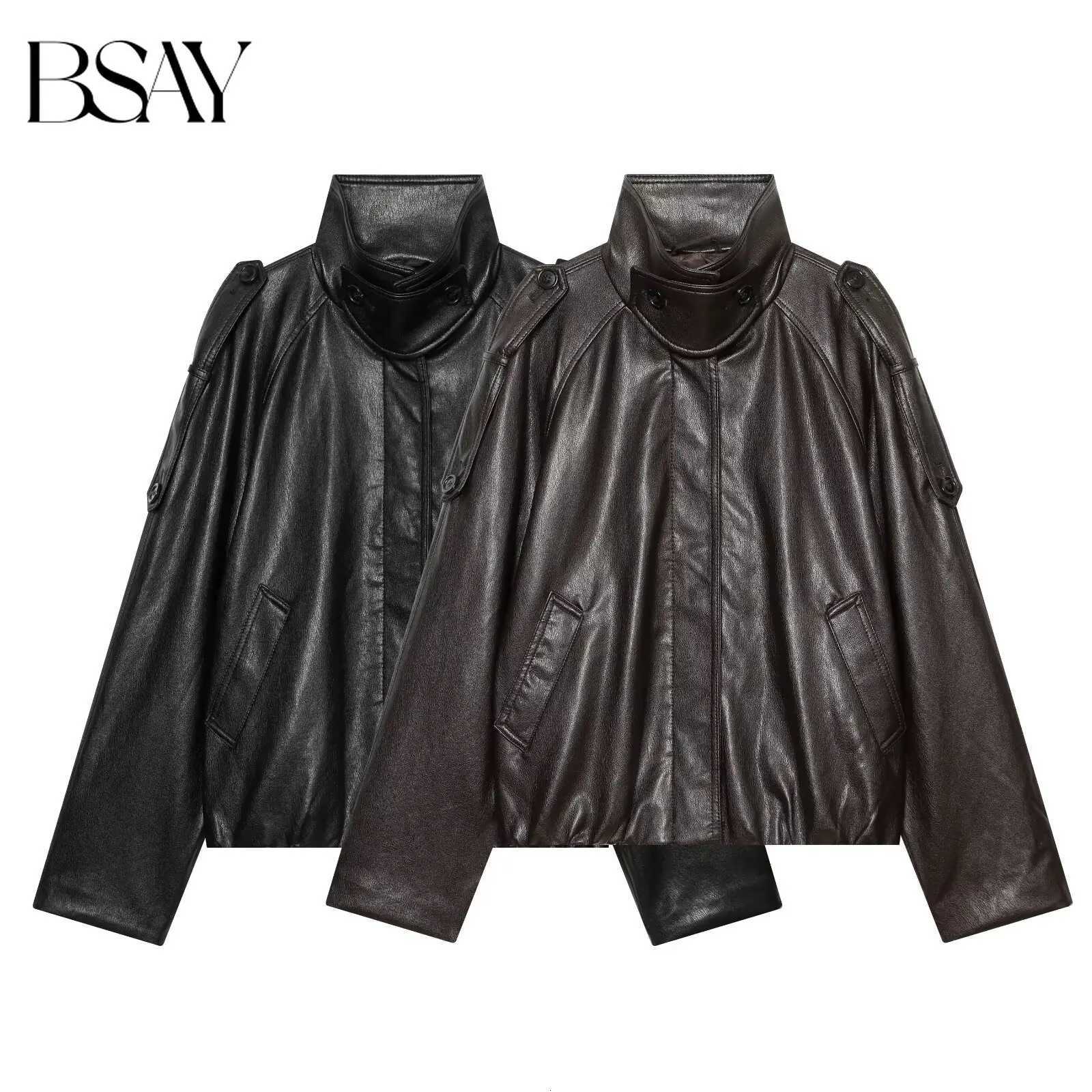 Women's Jackets BSAY Autumn Solid Color Simple Ladies Short Faux Leather Jacket Stand Collar Epaulet Accent Loose Fit Daily Commuter Outerwear
