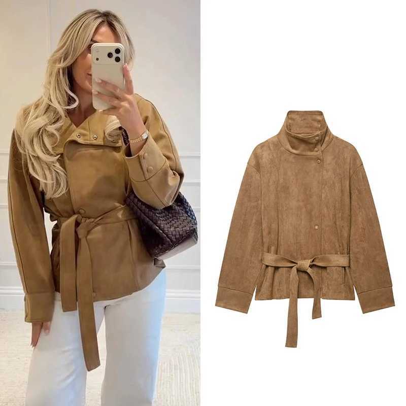 Jacket Women's Women's 2026 Jackets Fashion Autumn Winter Long-Sleeve Stand Collar Belted Suede-Texture Coat for Women Elegant Chic Lady O