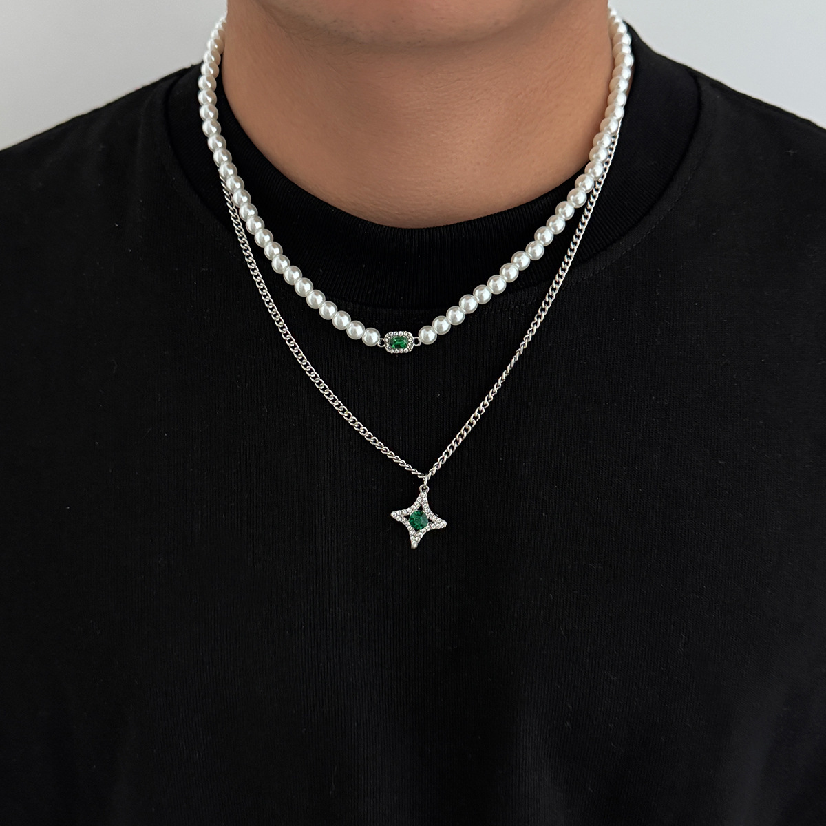 European And American Jewelry Men's Pearl Extra Dense Chain Set Trendy Hip-Hop Style High-End Necklace Accessories
