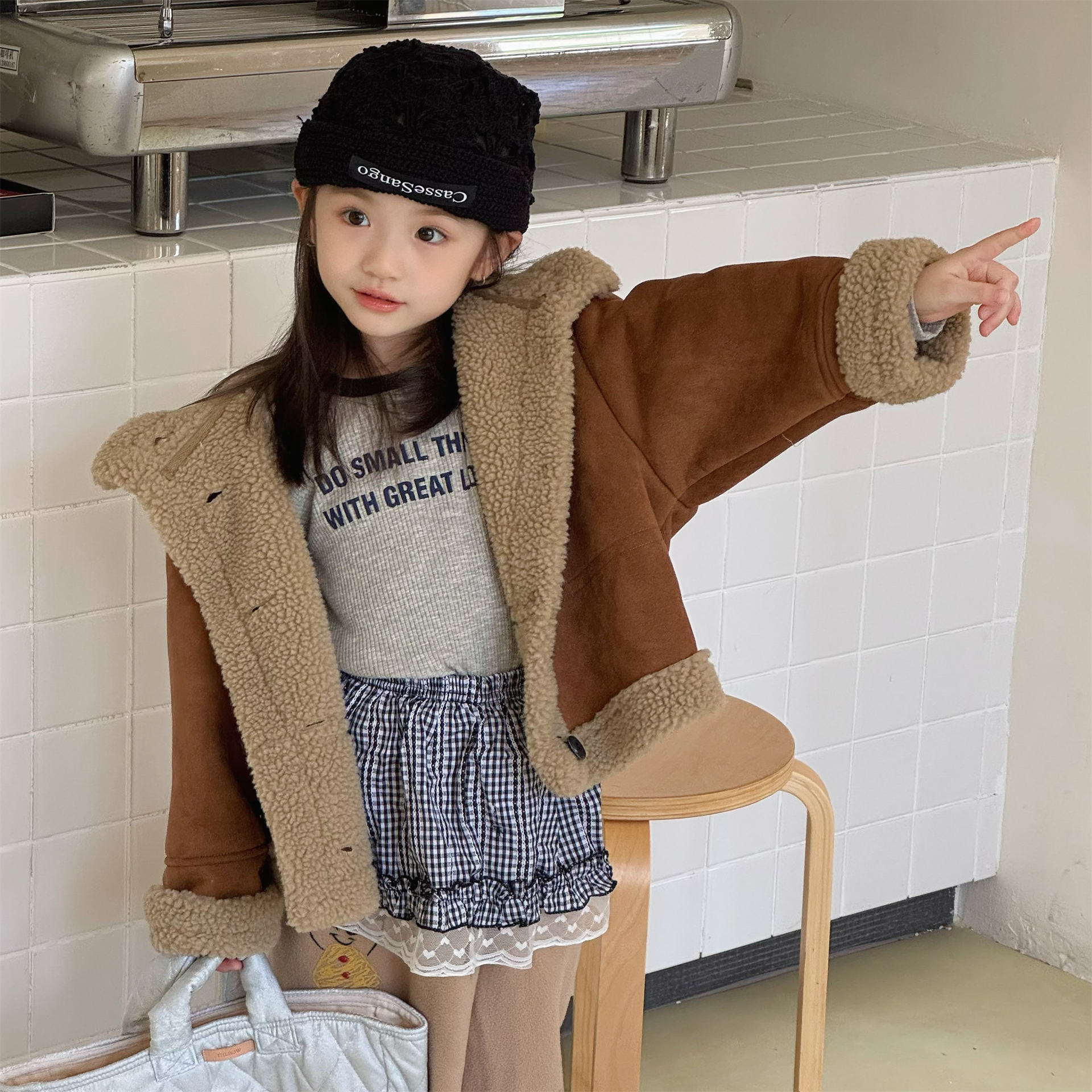 soft Kids Lapel Suede Sherpa Jacket Double Breasted Button Thick Warm Winter Coat For Boys Girls