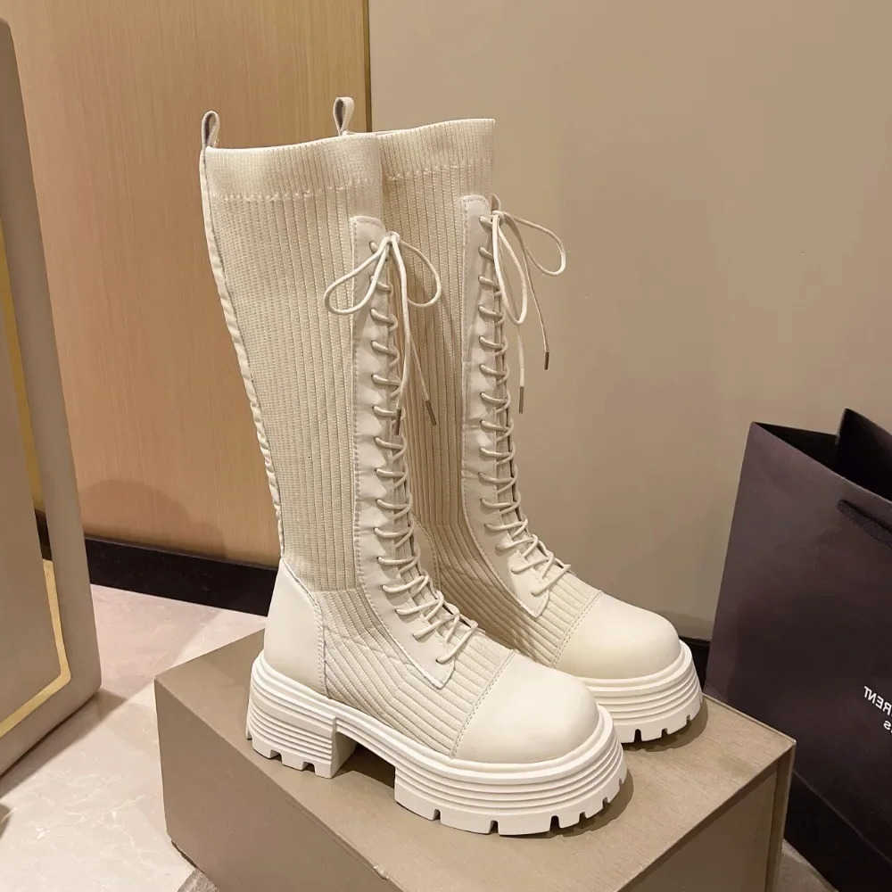 Winter Autumn Boots New 2024 Chunky Platform Long Boots Women Thick-soled Stretch Knitted Knee High Boots Woman Botas De Mujer H260921