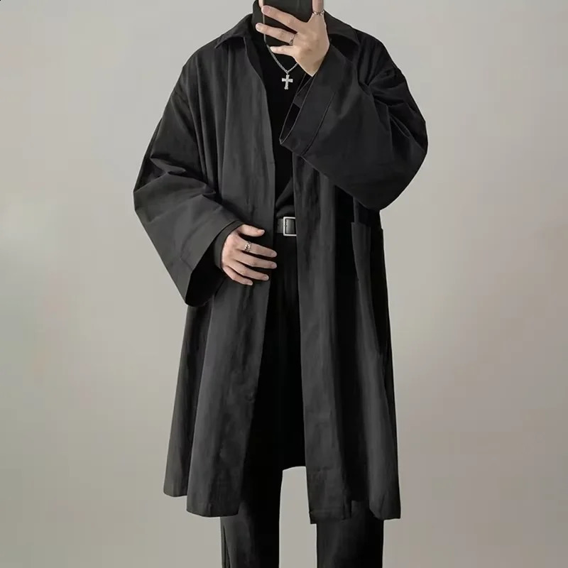 Men's Thin Mid Length Trench Coat Jackets Korean Style Spring Fashion Turn Down Collar Large Pocket Loose Overcoat Windbreaker 260920
