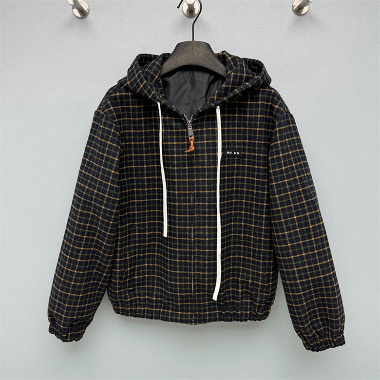Designer Woman Vintage Jacket Long Sleeve Plaid Hooded Warm Coat Autumn Winter School Office Daily Outing Wear