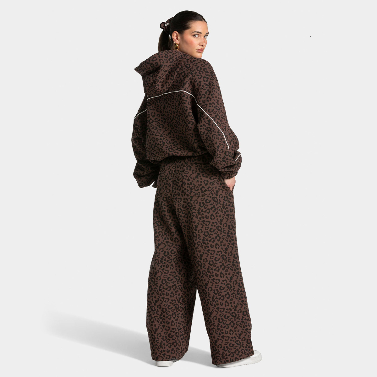 Women's Leopard Print Yoga Set Hooded Loose Fit Gym Running Training Casual Sportswear 26Y0921