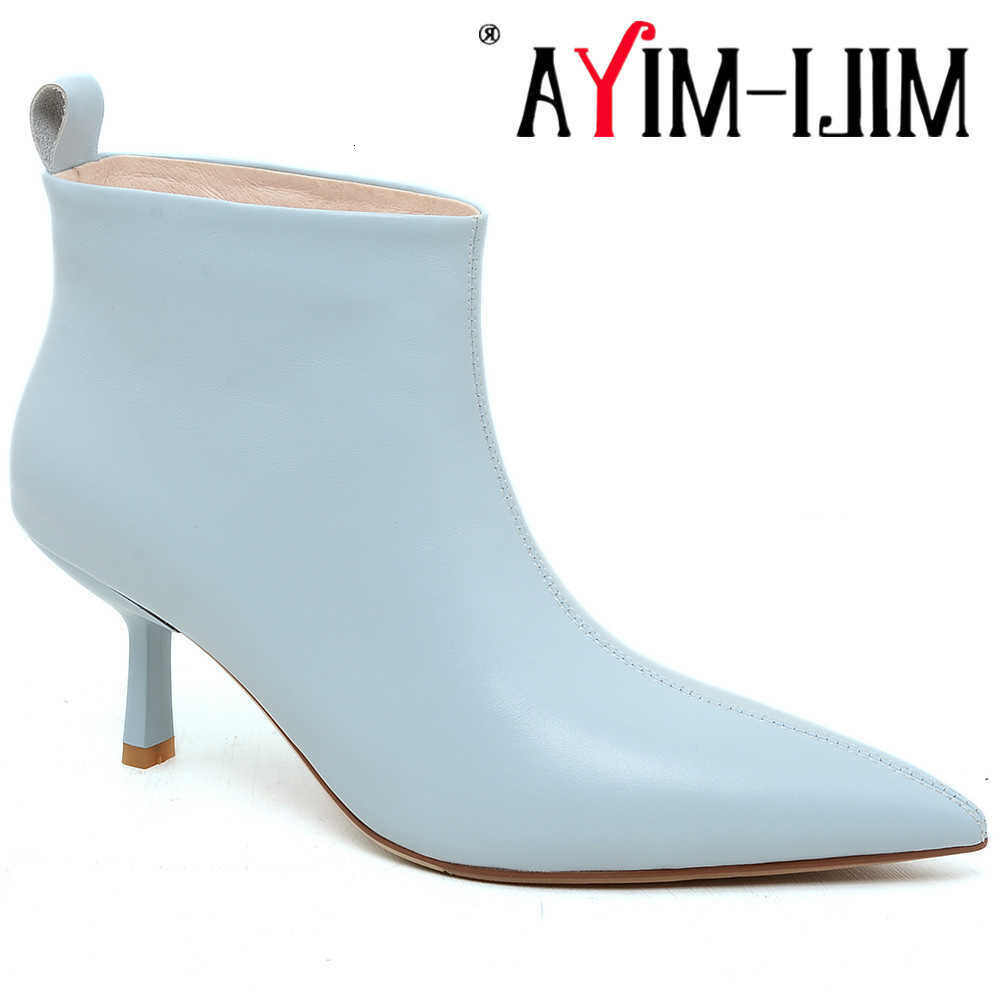 Botas de color Sólido MILI-MIYA Conciso Mujer Botines de cuero de vaca Empalme medio Tacones finos Punta puntiaguda Vestido Zapatos de fiesta hechos