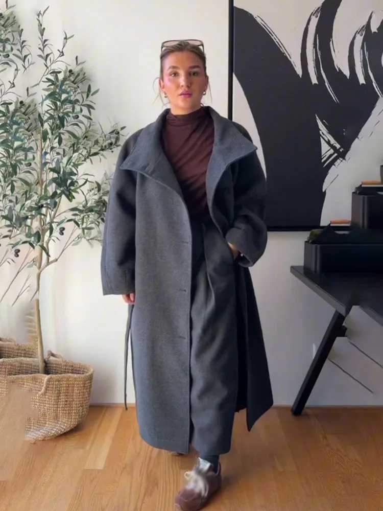 HH Women Winter Fashion Stand Collar Belt Solid Long Woolen Coat Female High Strt Casual Single Breasted 2-Color Jackets Mujer T260829