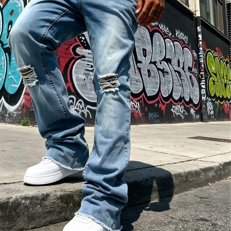 Men's Light Blue Denim Pants Distressed Flared Jeans with Knee Rips Frayed Hem for Streetwear y260914