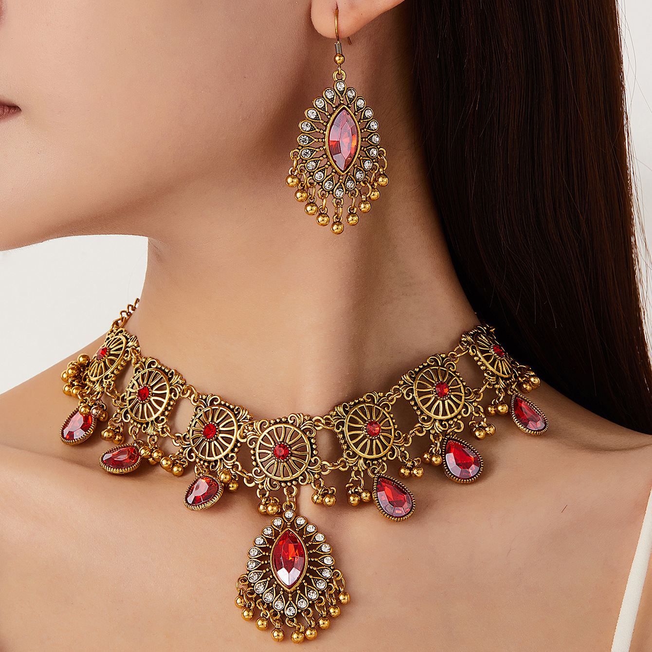 European American fashion, Middle Eastern ethnic style, vintage hollow-out, simple elegant, exaggerated women's necklace and earring jewelry se