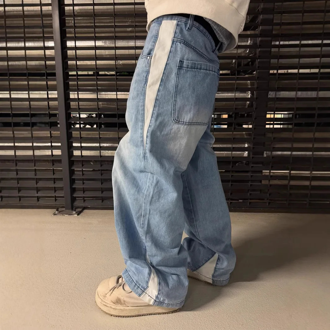 Jeans a gamba larga Pantaloni dritti da uomo Patchwork vintage lavato Tasche a vita media con effetto effetto streetwear Pantaloni larghi in denim 2