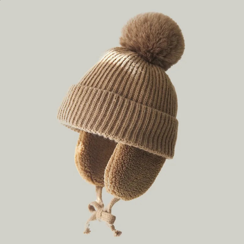 Winter Kids Baby Boys Girls Hat Big Pompom Beanie with Earflap Wool Plush Children's Knitted Ear Protection Cap Thick Keep Warm 260920