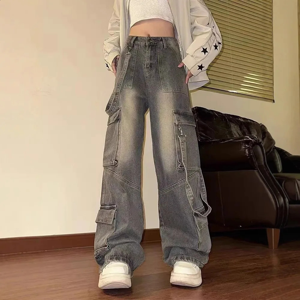 American Vintage Washed MultiPocket Cargo Jeans for Women High Waist Streetwear Loose Wide Leg Trendy ner Denim Trousers 260921
