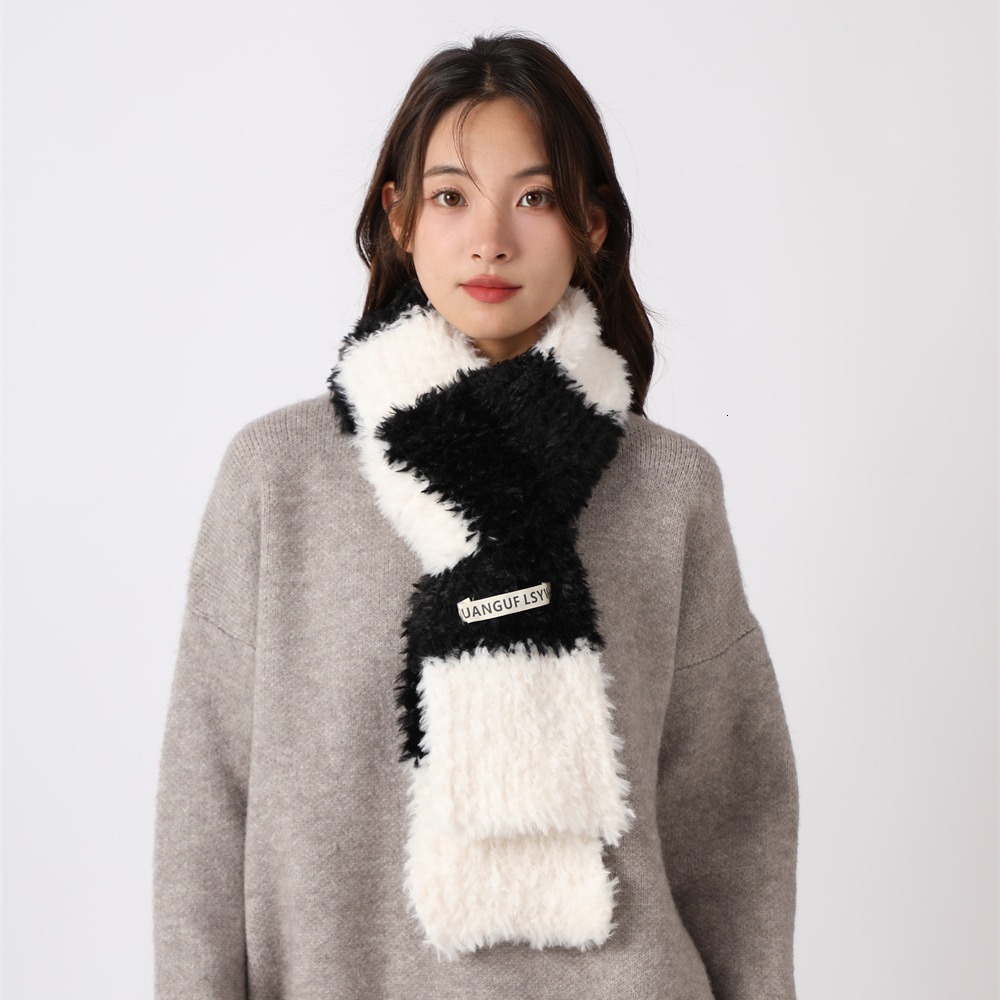 Autumn Thickened Faux Rabbit Fur Color Block Plaid Scarf Warm Black Outerwear Shawl Dual-use Men's Winter Neck Warmer