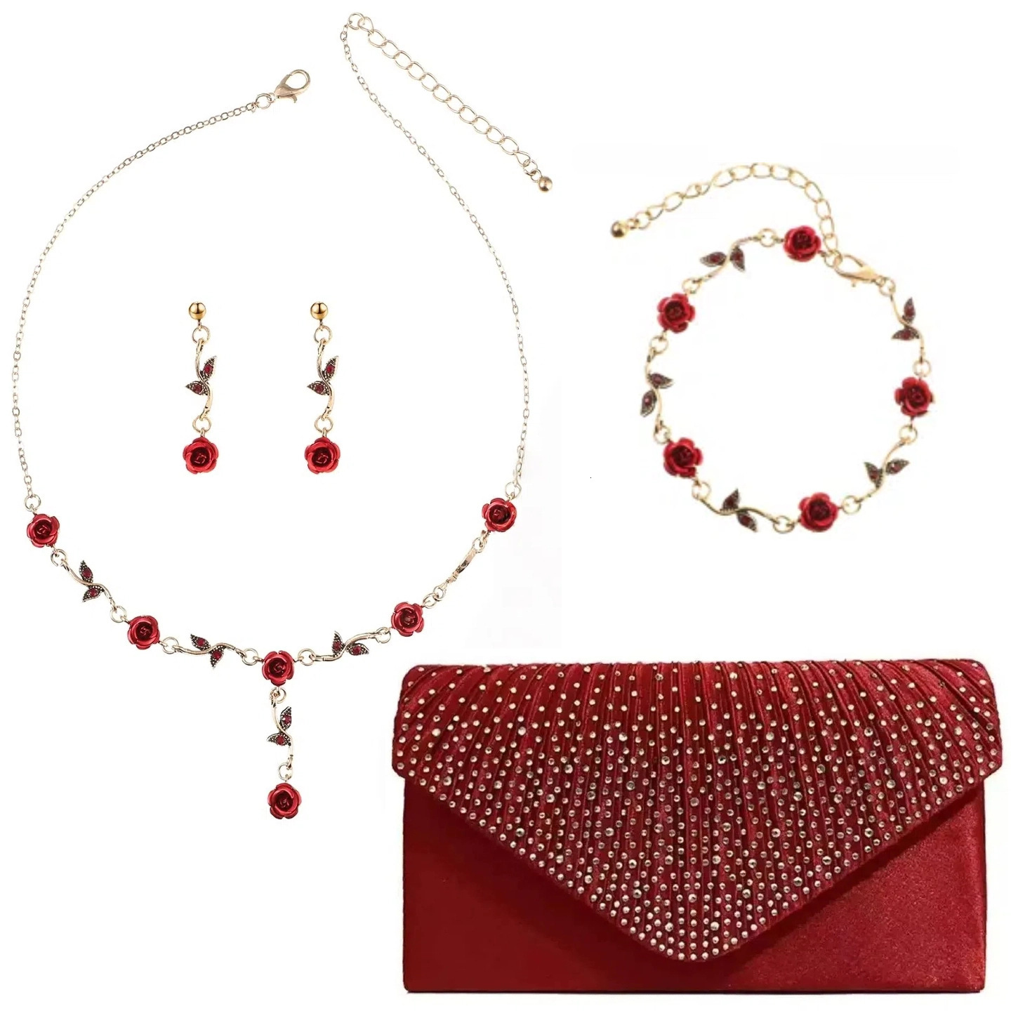 Trendy European American creative evening bag, vintage romantic rose and earrings, forest-style necklace set