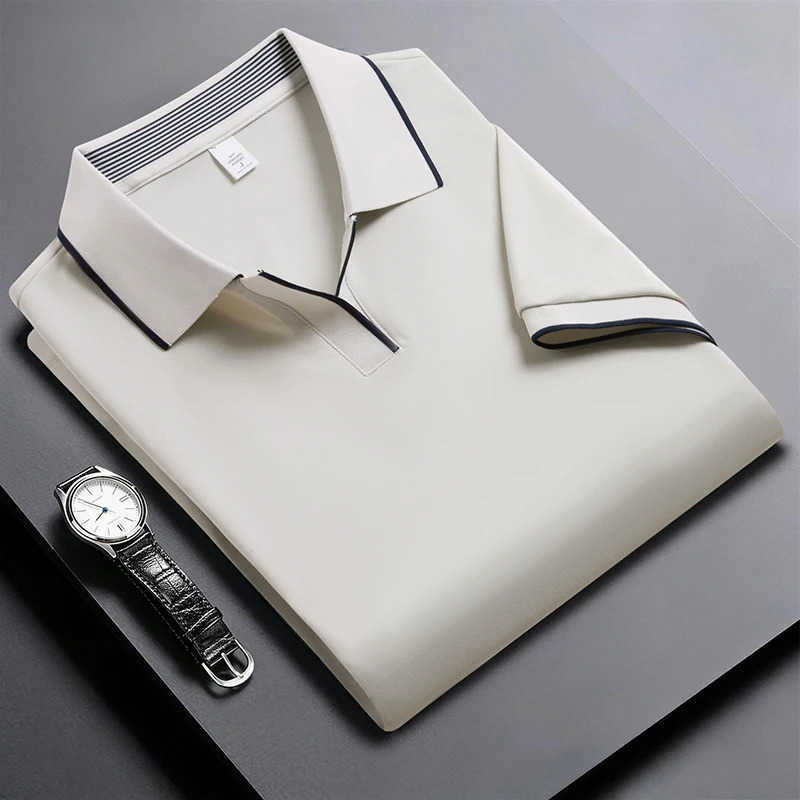 Casual Shirts Men thin Men's ice silk short sleeve polo shirt lapel piping trim open placket breathable slim summer business daily casual top H