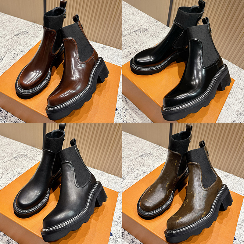 High Quality Ladies Beaubourg Ankle Boot 1AGV7 Chic Glazed Calf Leather Booties Elastic Side Splicing Design Autumn Winter Outdoors Travel