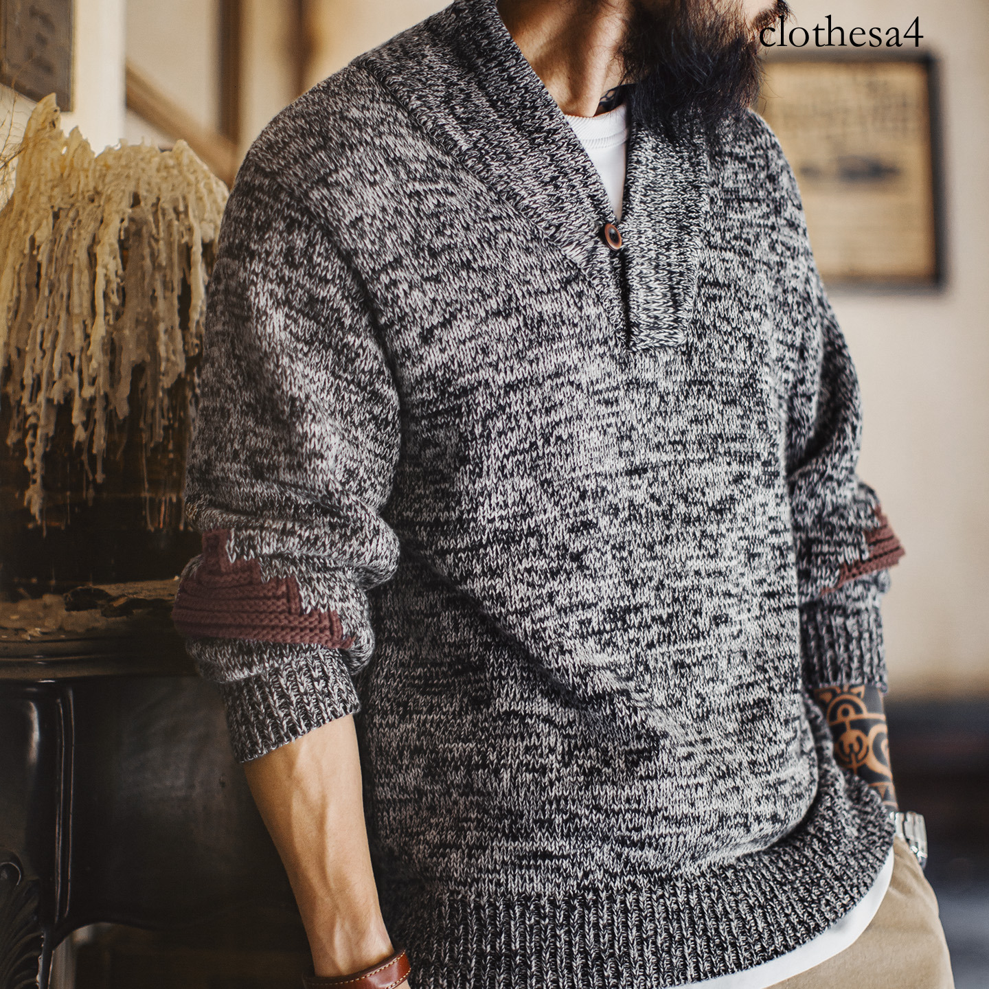 Maden Men's Vintage Shawl Collar Sweater Grey Quiet Luxury Knit Pullover Warm Base Layer for Autumn and Winter 100% Cotton Tops