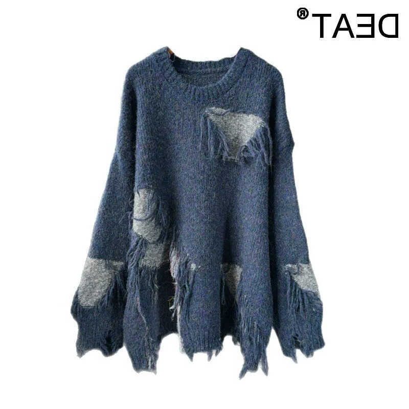 Women's DEAT Pullover Loose Long Slve Knitted Patchwork Tassel Casual Holes Sweaters 2026 New Winter Fashion 29A39 S260921REDQ