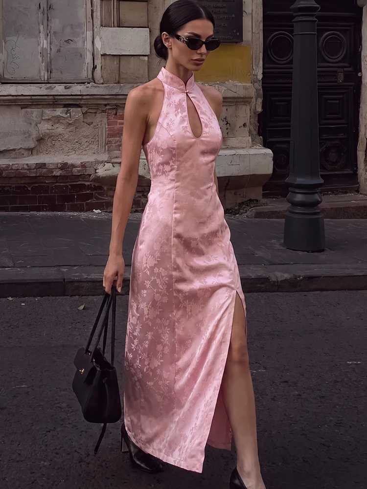 HH Elegant 2026 Womens Jacquard Halter Midi Dress Summer Fashion Side Slit Slveless Backless Slim Textured Long Dress T260829