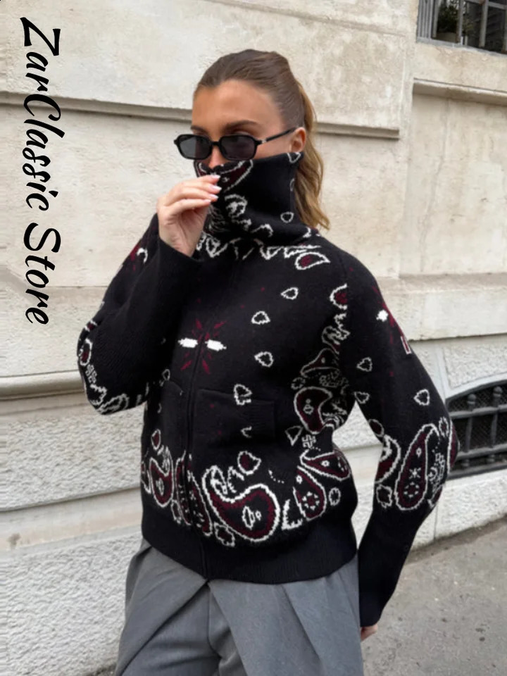 Vintage Paisley Jacquard Cardigans For Women Autumn High Neck Knit Zipper Full Sleeve Pocket Sweater 2026 Chic Winter Jacket 260918