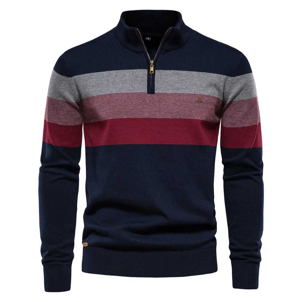 AIOPESON Men's Patchwork Pullover Sweater Cotton Casual Zipper Mock Neck Sweater for Men New Winter Fashion Warm Sweater for Men Q260921